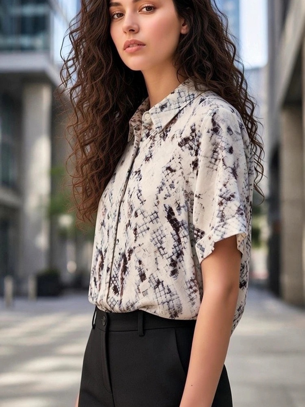 Cynthia Rowley Geometric Print Button Down in Cream & Blue Size Medium
